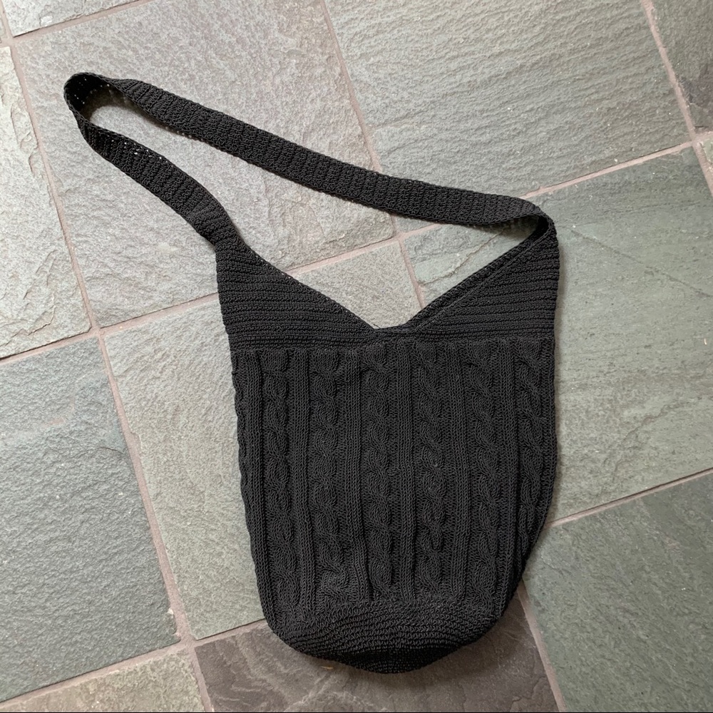 Black lined crochet cable stitch boho shoulder sling bag cotton blend